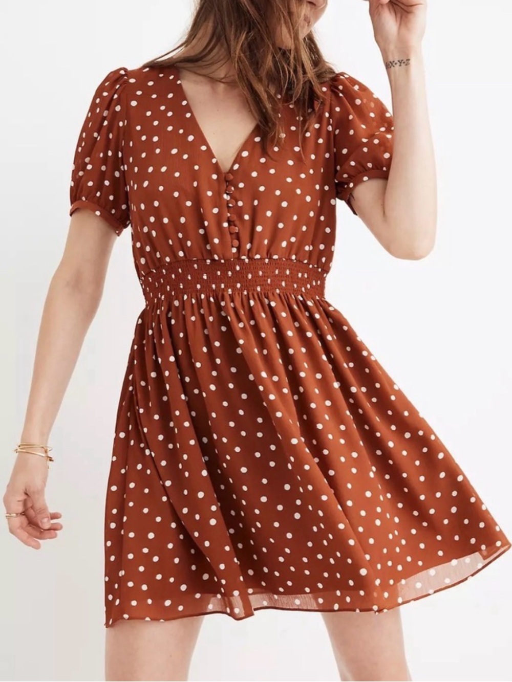 Madewell Polka Dot Smocked-Waist Mini Dress - Rust